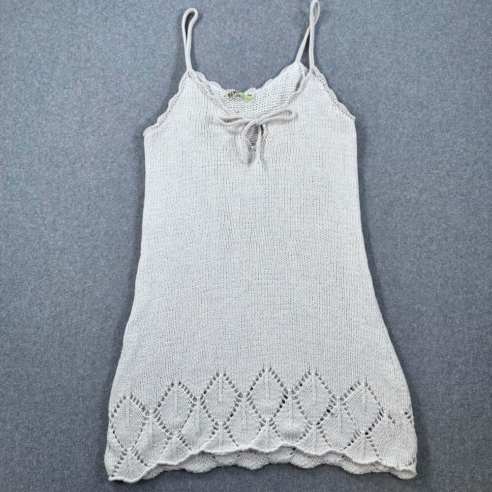 Old Navy Crochet Open Knit Mini Dress Size XL Beige Scallop Hem Beachy Y2k Bow